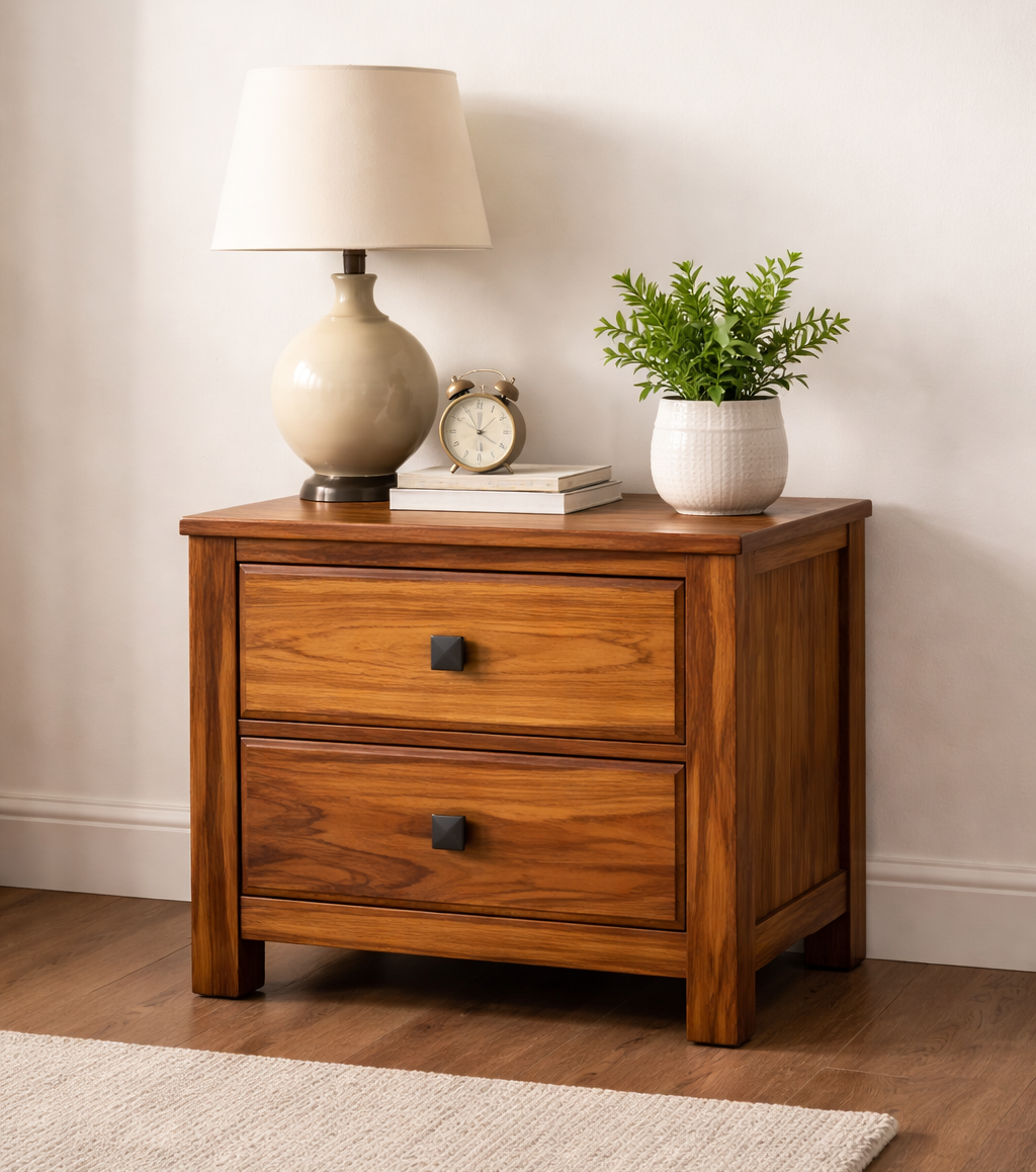 Sheesham Wood Bedside Table | Solid Wood Nightstand with 2 Drawers | Teak Finish -