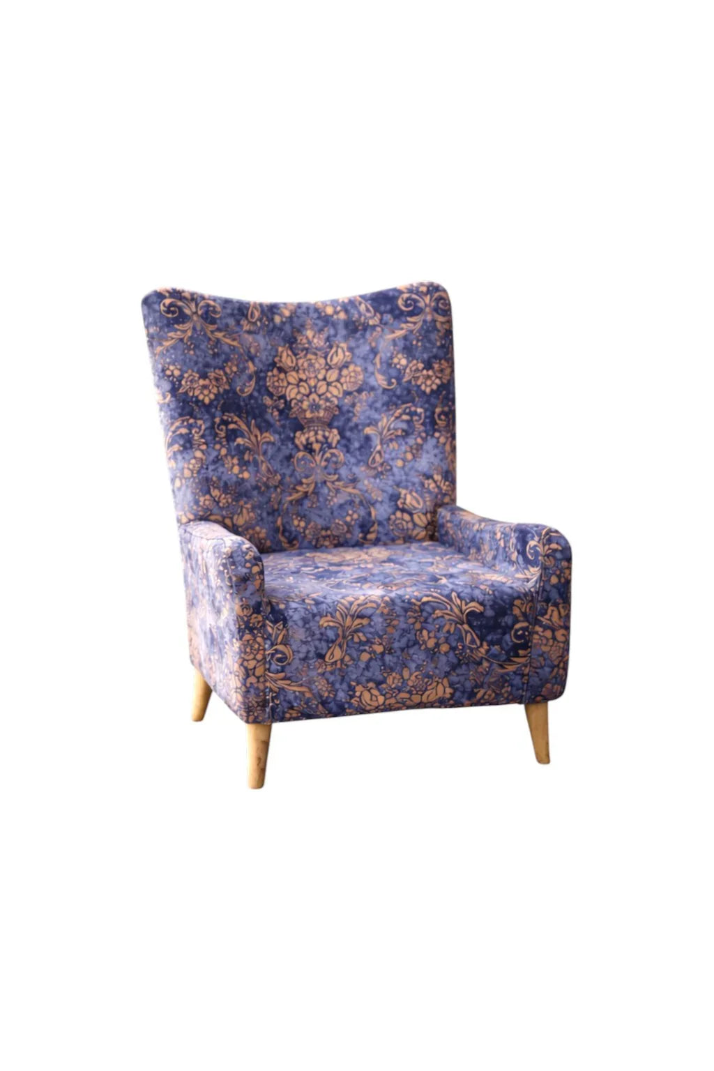 Ferrowoods Royal Blue Printed Accent Armchair with Matching Ottoman | Upholstered Lounge Chair with Solid Wood Legs - Ferrowoods