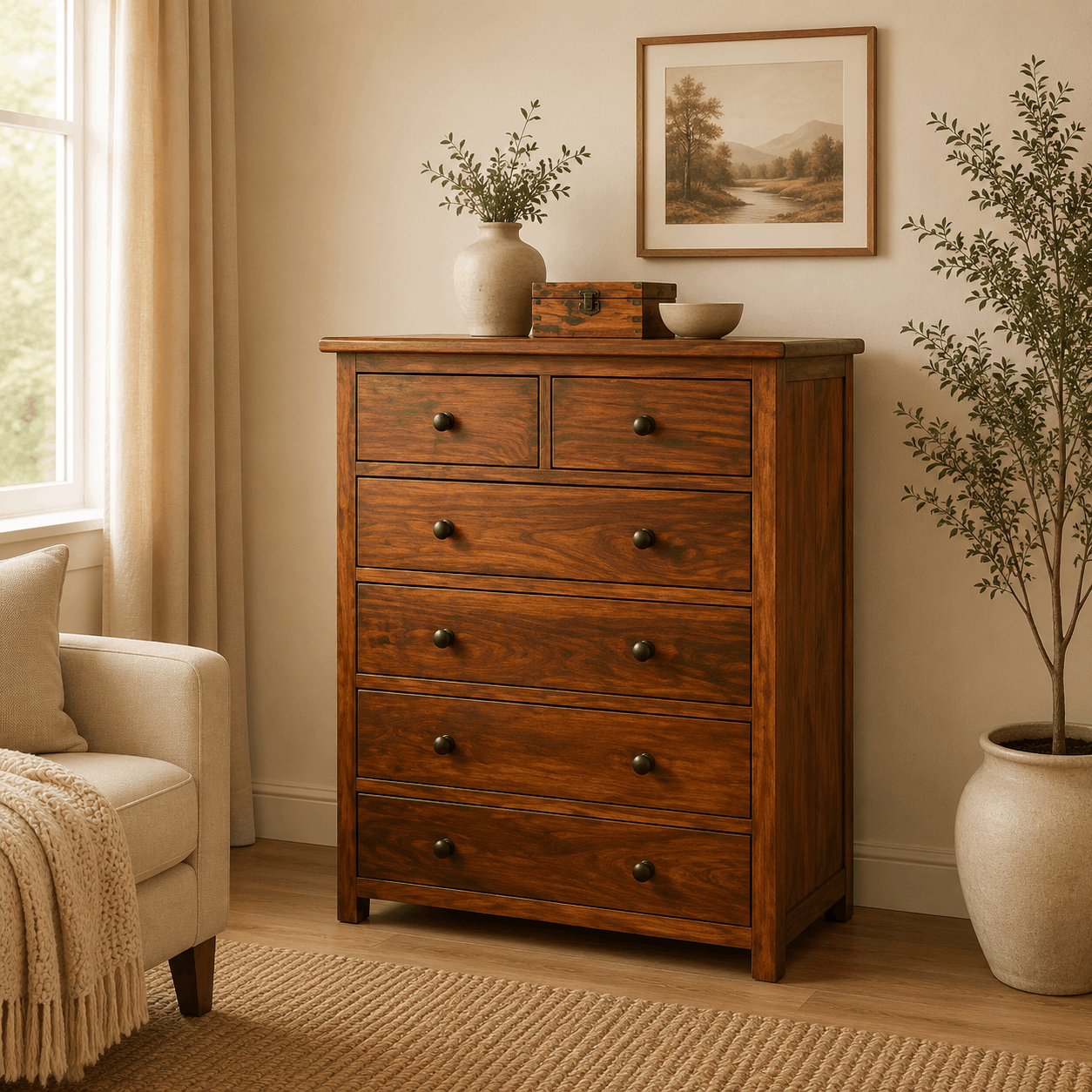 Wooden dresser in a room with a chair, plants, and framed picture on the wall.