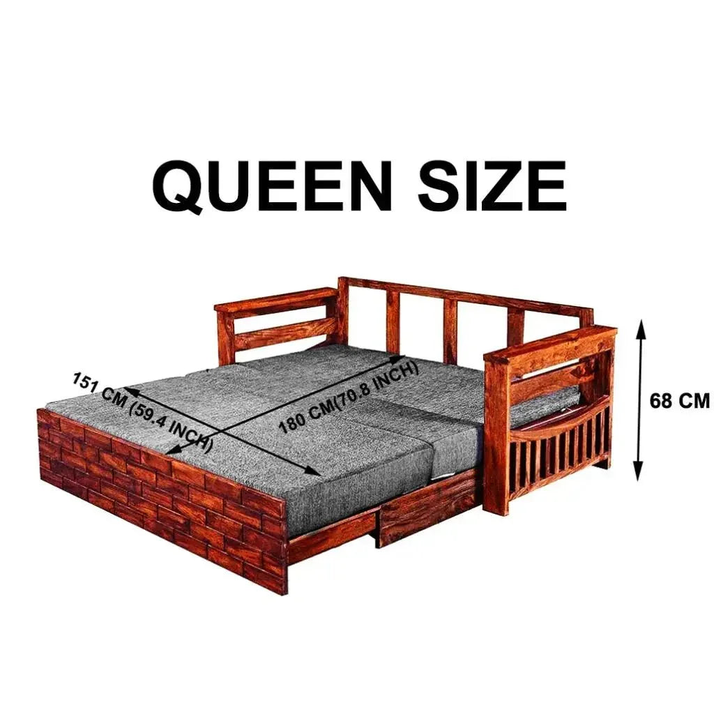 Bricks Sheesham Wood Sofa Bed with Side Storage & Mattress | Honey Finish | Ferrowoods - Ferrowoods