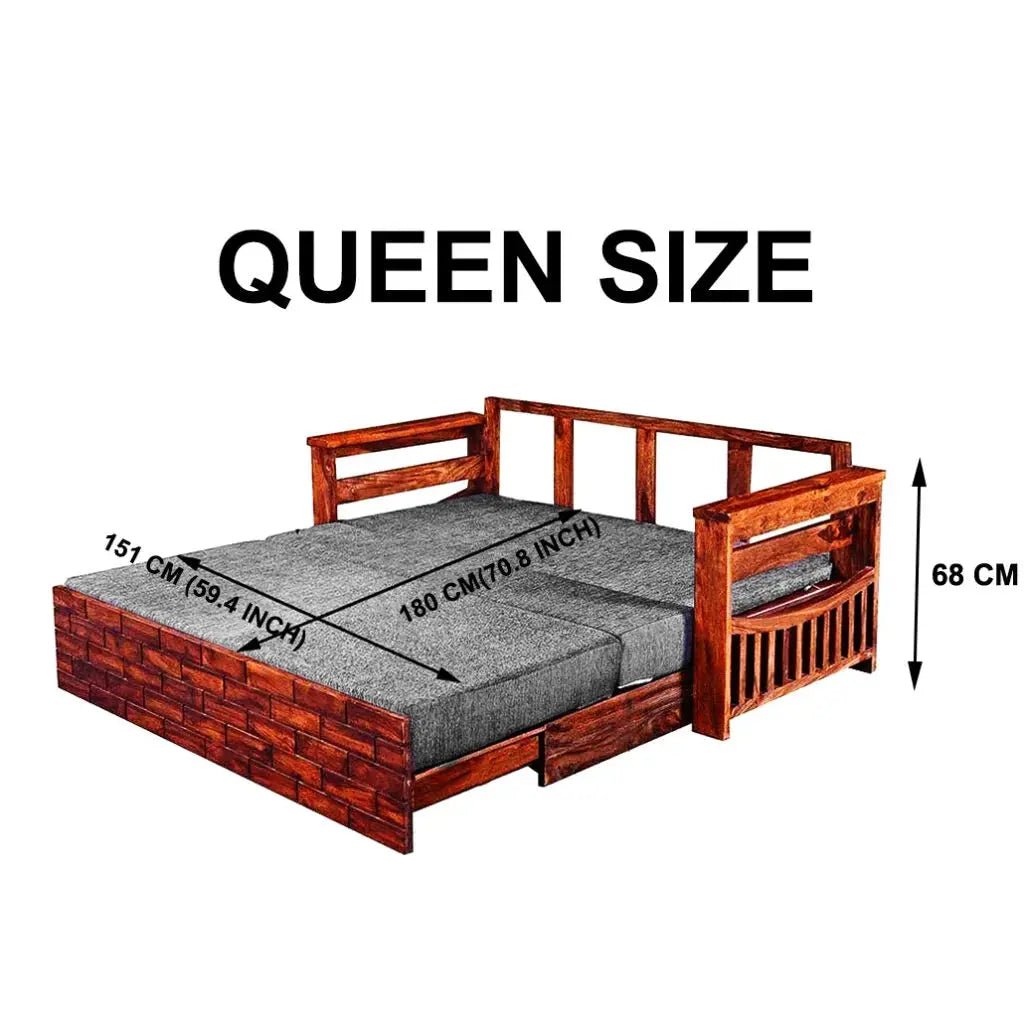 Bricks Sheesham Wood Sofa Bed with Side Storage & Mattress | Honey Finish | Ferrowoods -