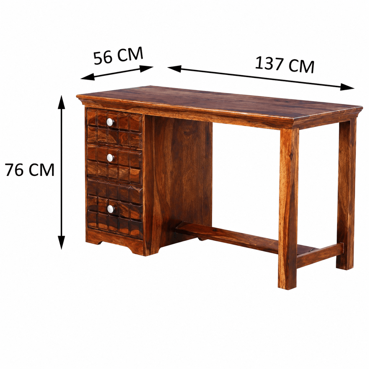 Wooden desk with dimensions labeled on a white background