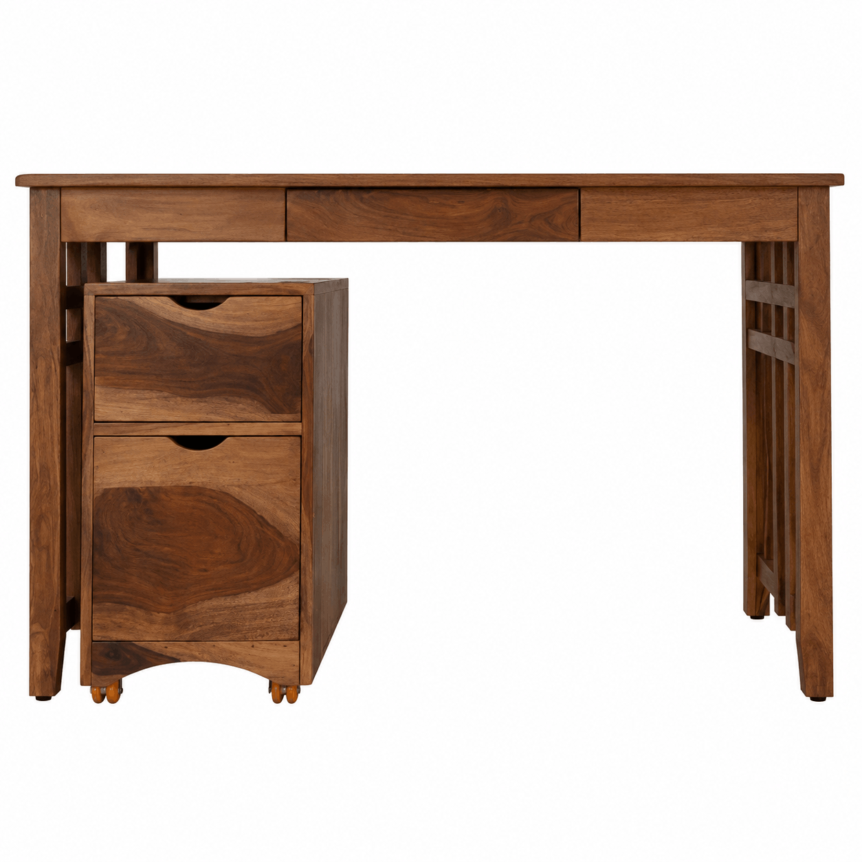 Wooden desk with drawers on a white background