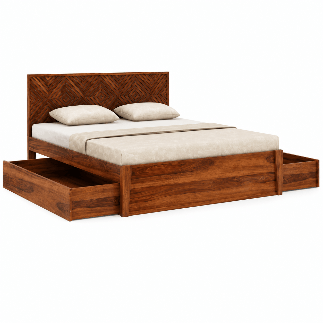 Wooden bed with storage drawers and white bedding on a white background