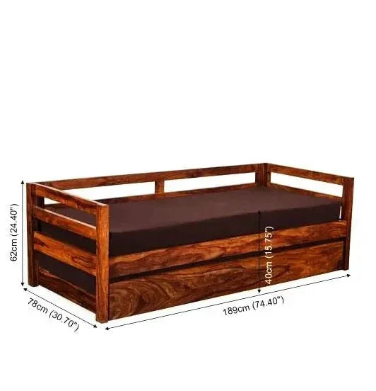 Sheesham Wood Daybed Sofa Bed with Mattress | Honey Finish | Ferrowoods - Ferrowoods