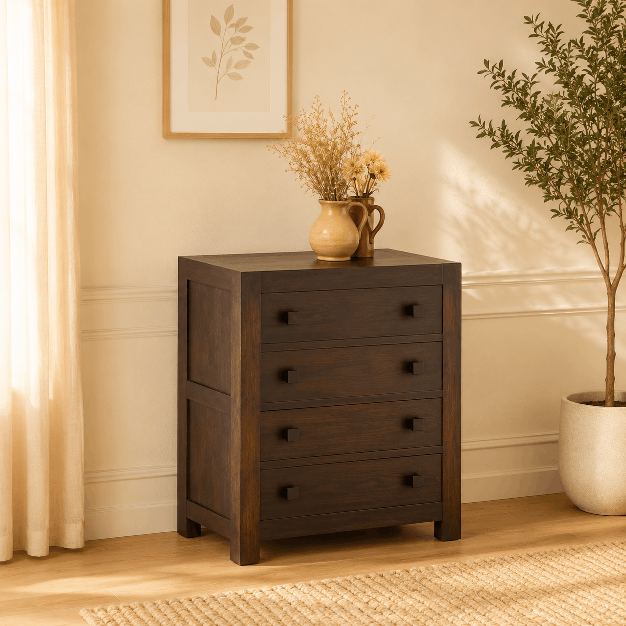 Wooden dresser with three drawers in a room with a plant and framed picture on the wall.