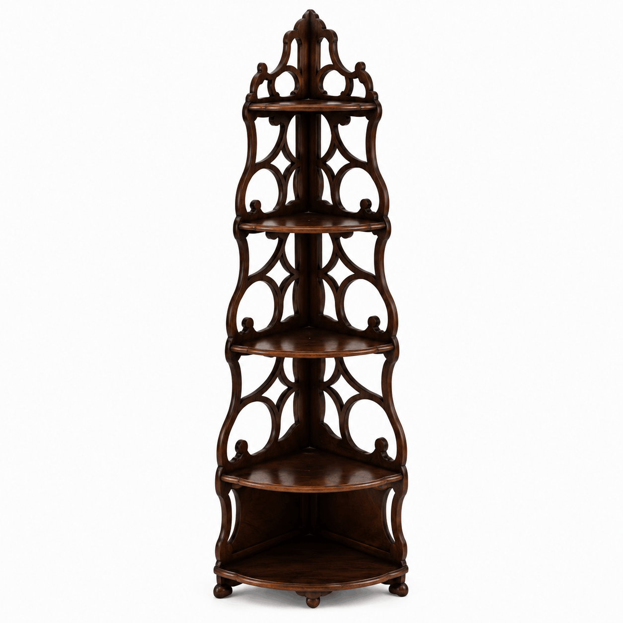 Wooden corner shelf with decorative design on a white background
