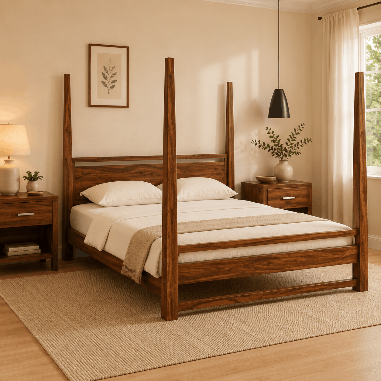 Wooden bed in a bedroom with matching nightstands and decor