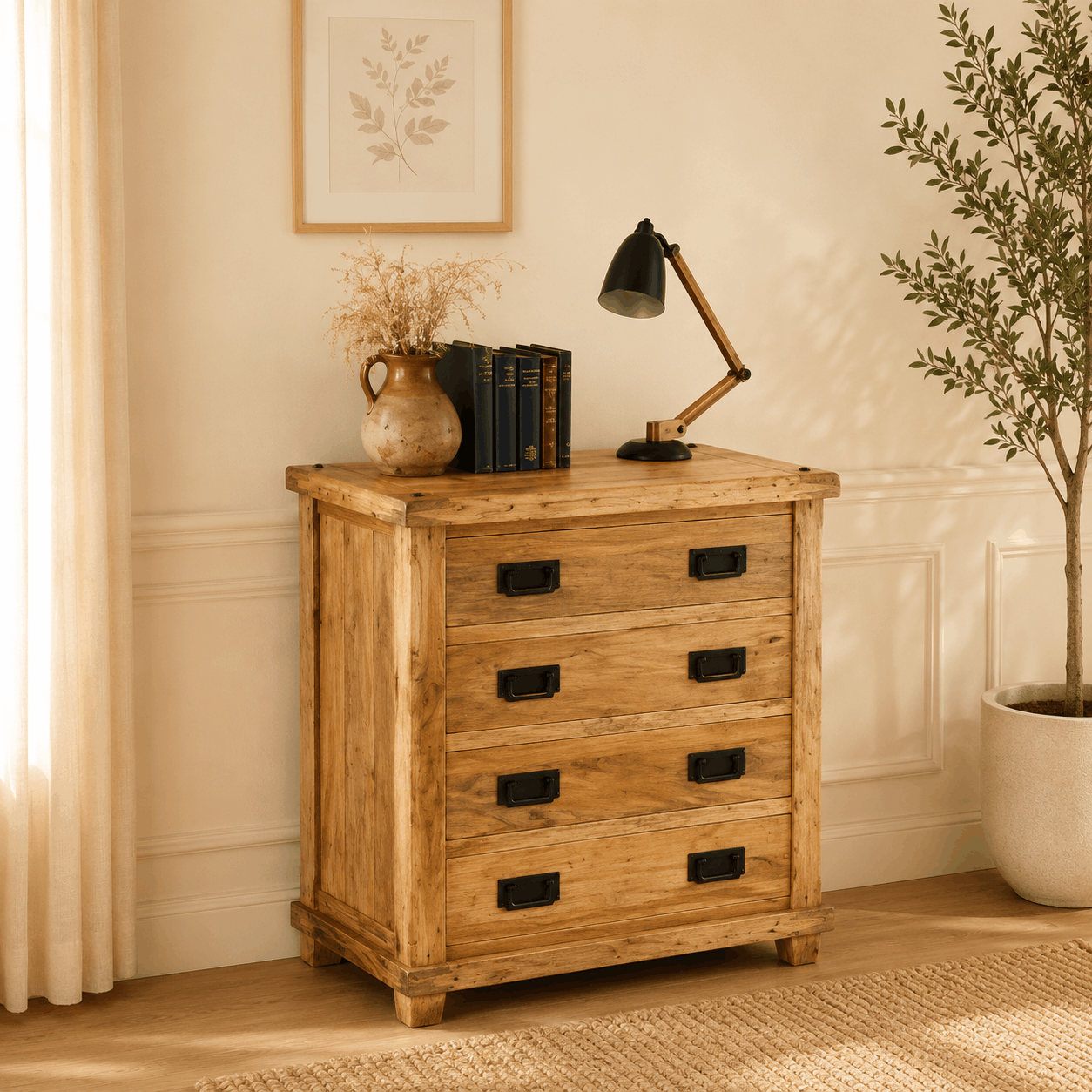 Wooden dresser with a lamp, books, and decorative items in a warm-toned room.