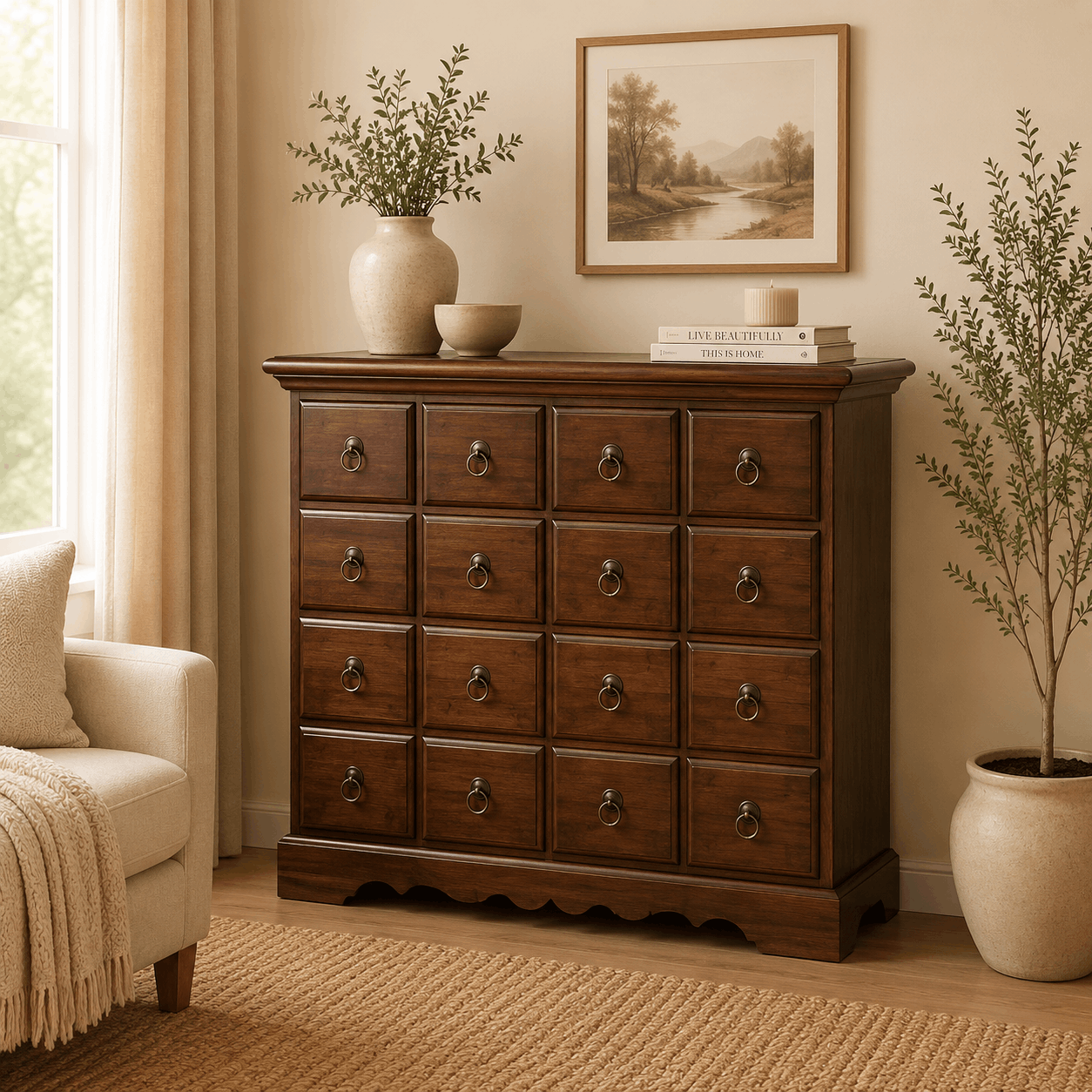 Wooden dresser with decorative items in a cozy living room setting