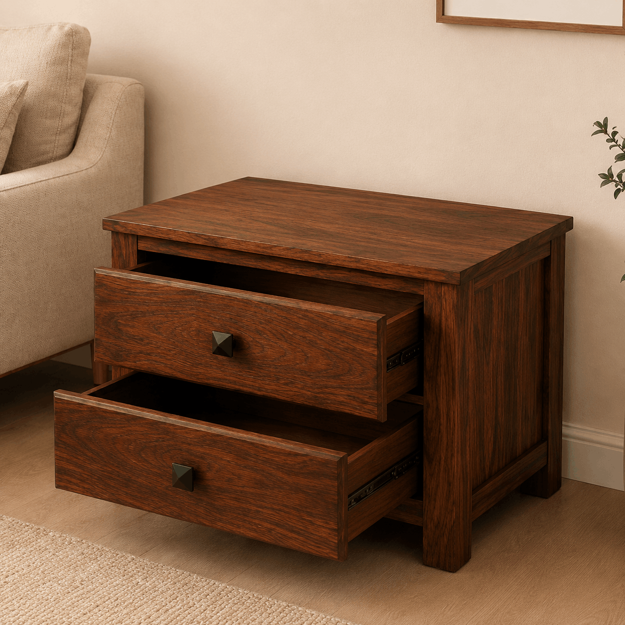 Wooden side table with two drawers in a living room setting