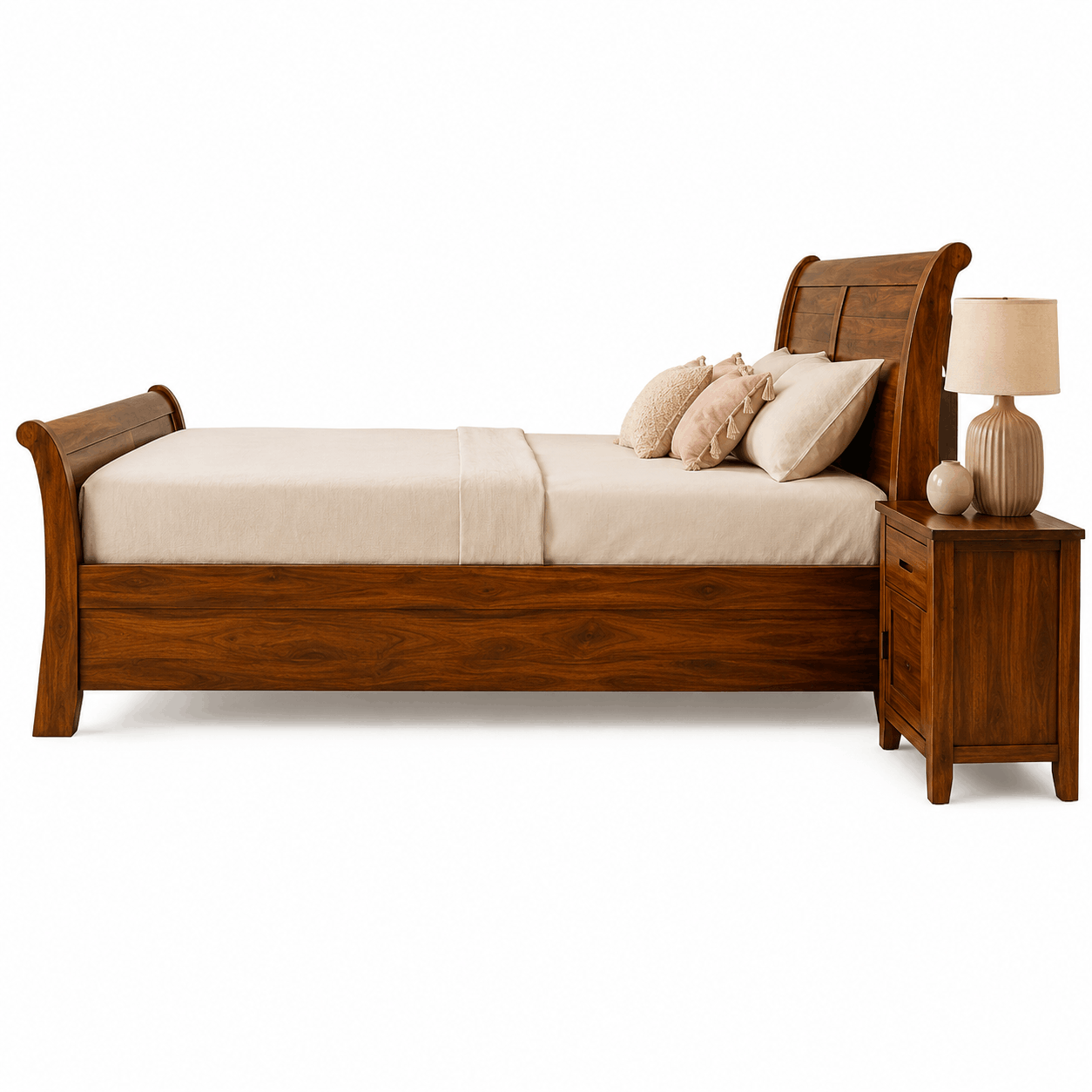 Wooden bed with beige bedding and a nightstand with a lamp on a white background