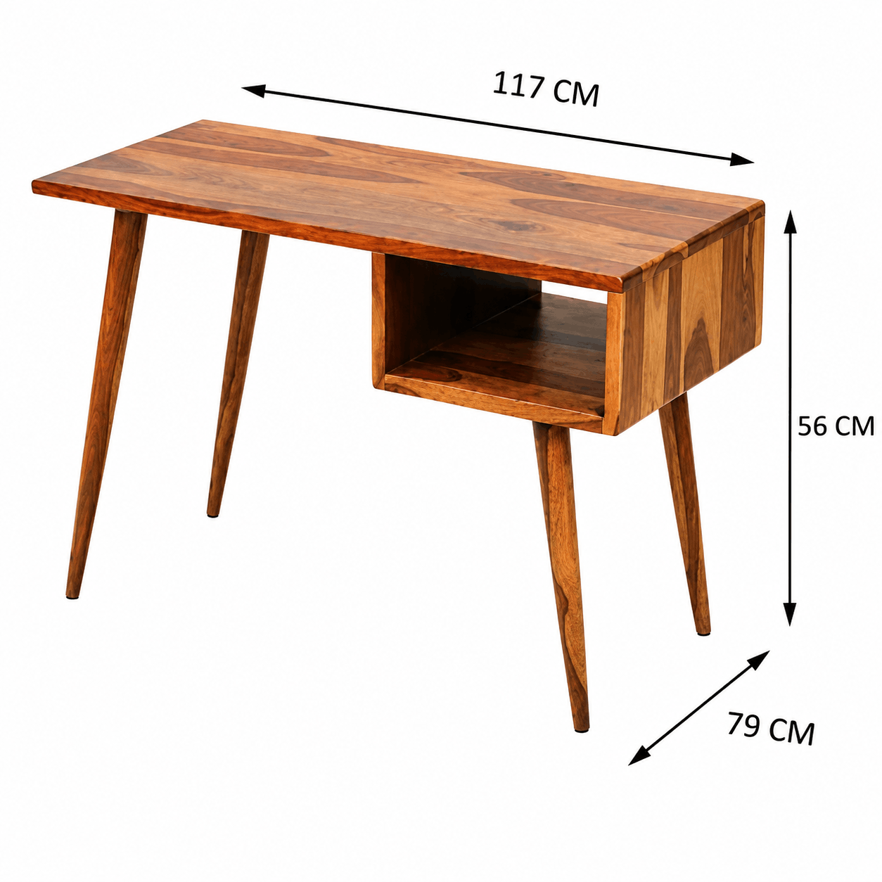 Wooden desk with dimensions labeled on a white background