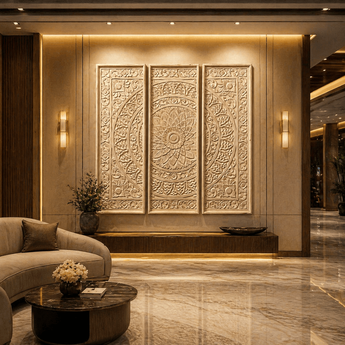 Hand carved wooden wall panel for vastu home decor in modern Indian living room
