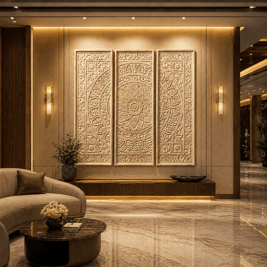 Hand carved wooden wall panel for vastu home decor in modern Indian living room