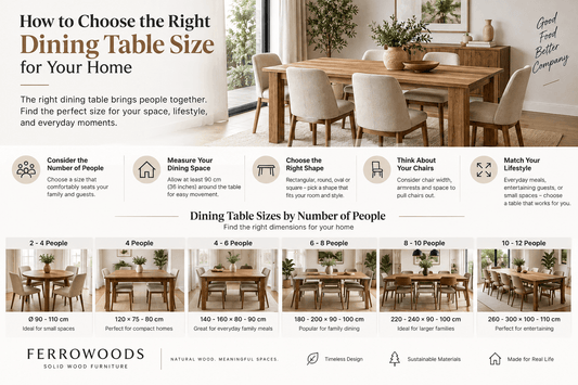 “Dining table size guide showing recommended dimensions for 2 to 12 people, with examples of rectangular and round solid wood dining tables.