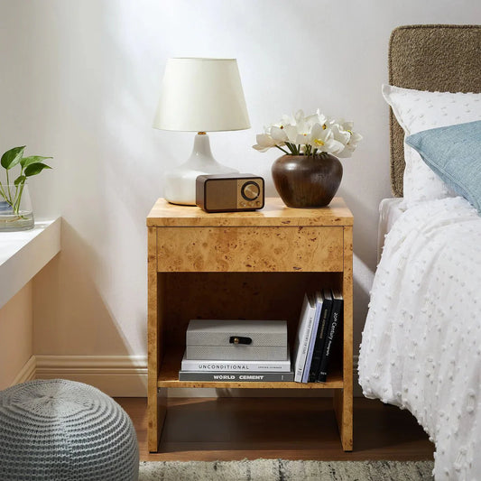Light wood bedside table with open shelf, minimalist style, by Ferrowoods, next to bed