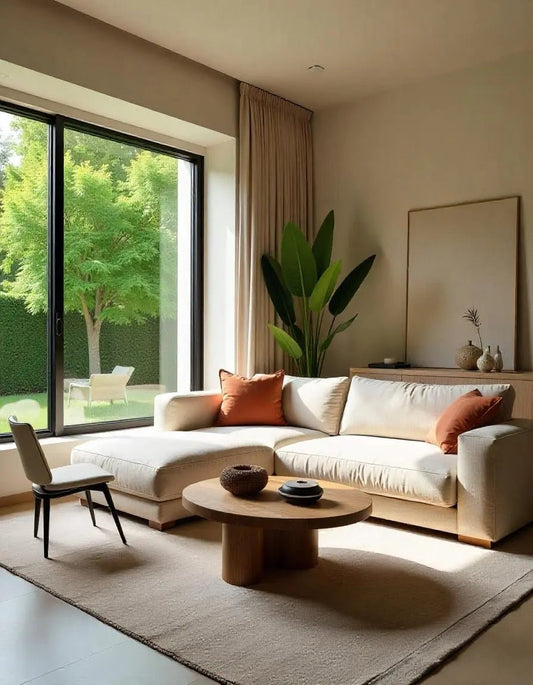 Modern living room with beige solid wood sofa, teak coffee table, and neutral decor by Ferrowoods
