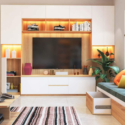Solid wood TV unit in light oak finish, modern white design by Ferrowoods, living room setting