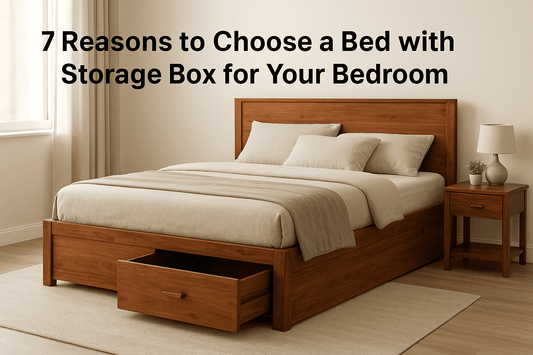 Solid wood storage bed with drawer in natural finish, modern bedroom setup by Ferrowoods