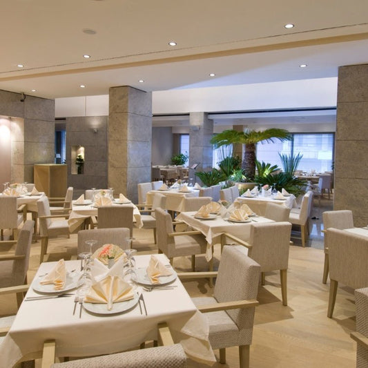 Modern solid wood restaurant dining chairs and tables in beige by Ferrowoods