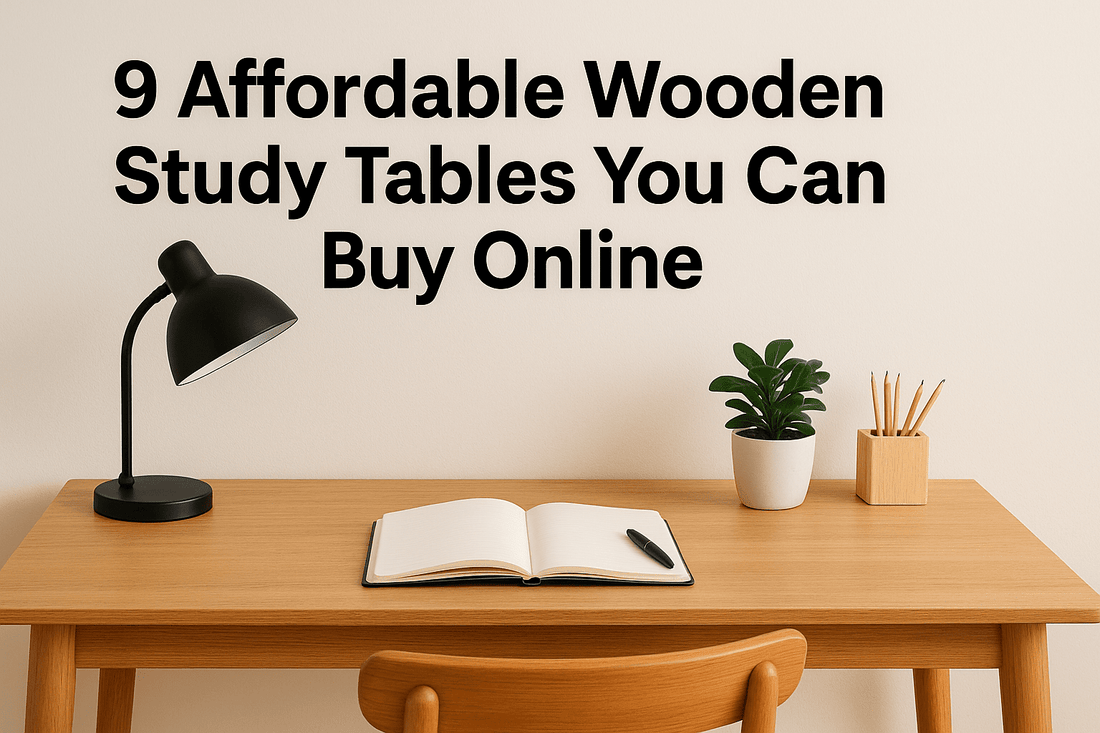 Light wood study table and chair set with black lamp, plant, and pencils by Ferrowoods