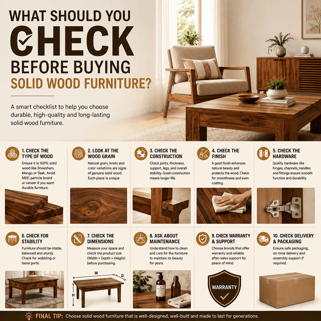Solid wood furniture buying guide showing what to check before buying, including wood type, grain, construction, finish, hardware, stability, dimensions, maintenance, warranty, and delivery