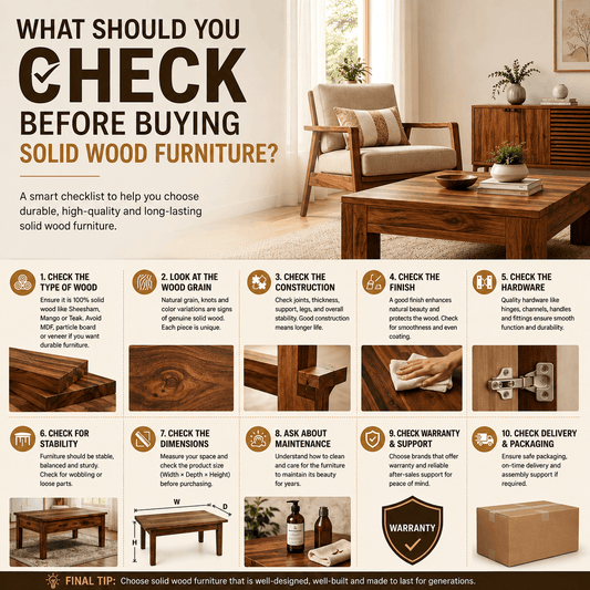 Solid wood furniture buying guide showing what to check before buying, including wood type, grain, construction, finish, hardware, stability, dimensions, maintenance, warranty, and delivery