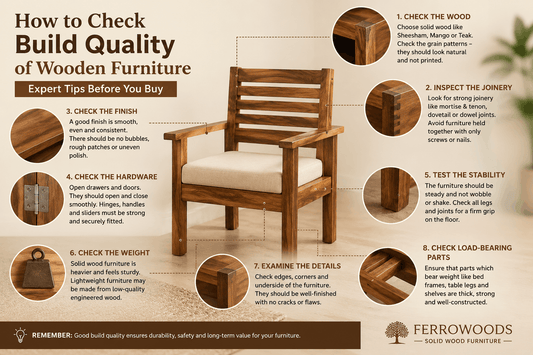 How to check the build quality of solid wooden furniture before buying with expert tips on wood, joinery, finish, hardware, stability, and craftsmanship
