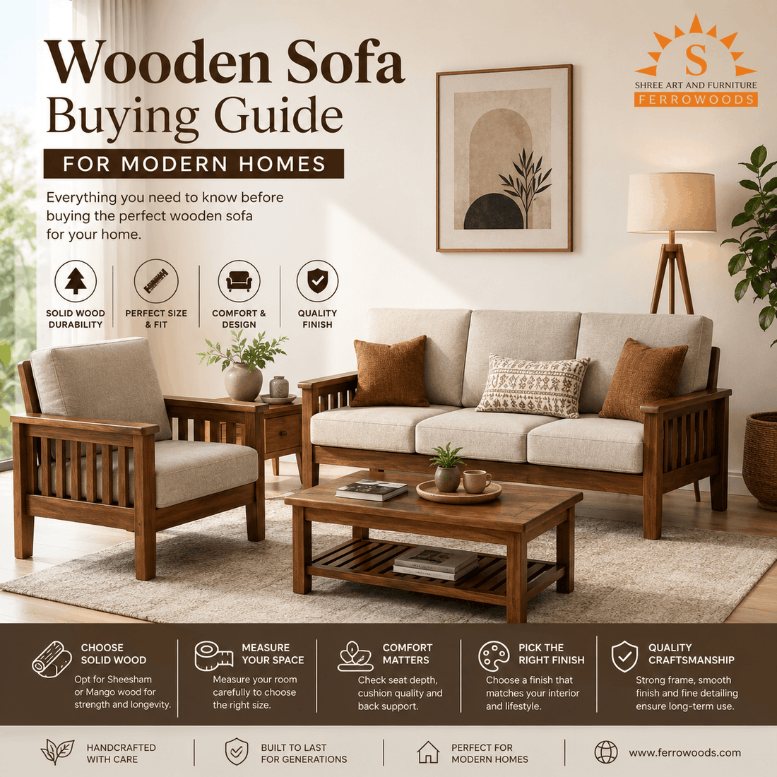 Wooden Sofa Buying Guide for Modern Homes featuring a handcrafted solid Sheesham wood sofa set in a modern living room by Ferrowoods.