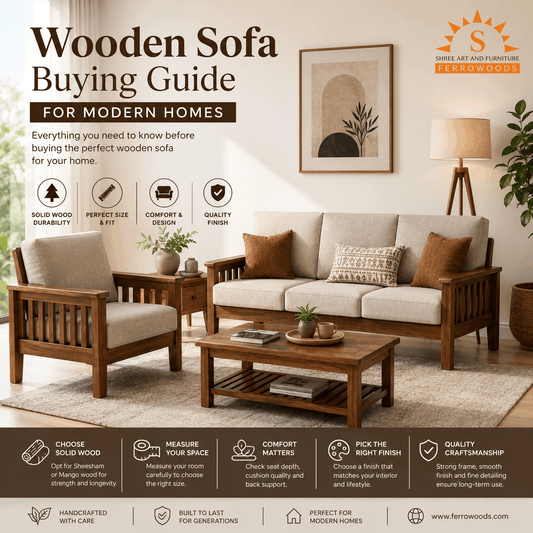 Wooden Sofa Buying Guide for Modern Homes featuring a handcrafted solid Sheesham wood sofa set in a modern living room by Ferrowoods.