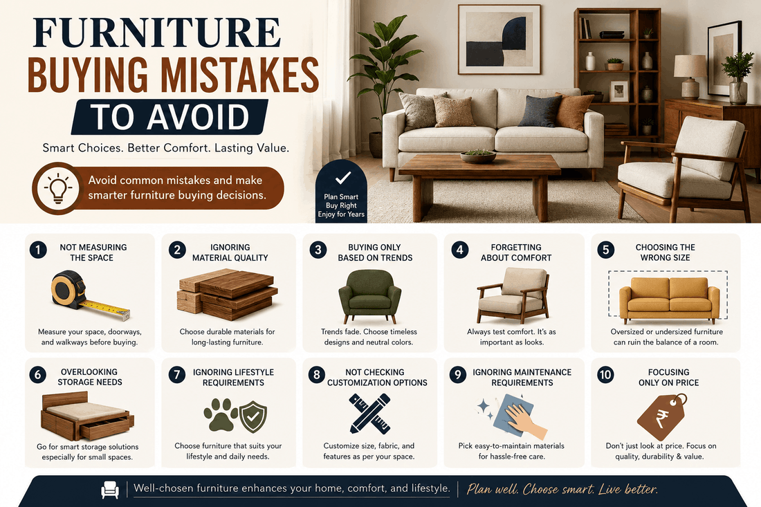 Modern infographic showing common furniture buying mistakes to avoid for smarter home furnishing decisions