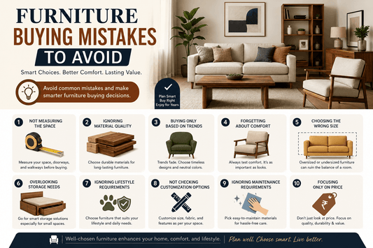 Modern infographic showing common furniture buying mistakes to avoid for smarter home furnishing decisions