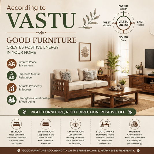 Modern Vastu-inspired living room with solid wooden furniture in natural Sheesham finish, showcasing positive energy, harmony, prosperity, and balanced home decor according to Vastu Shastra principles