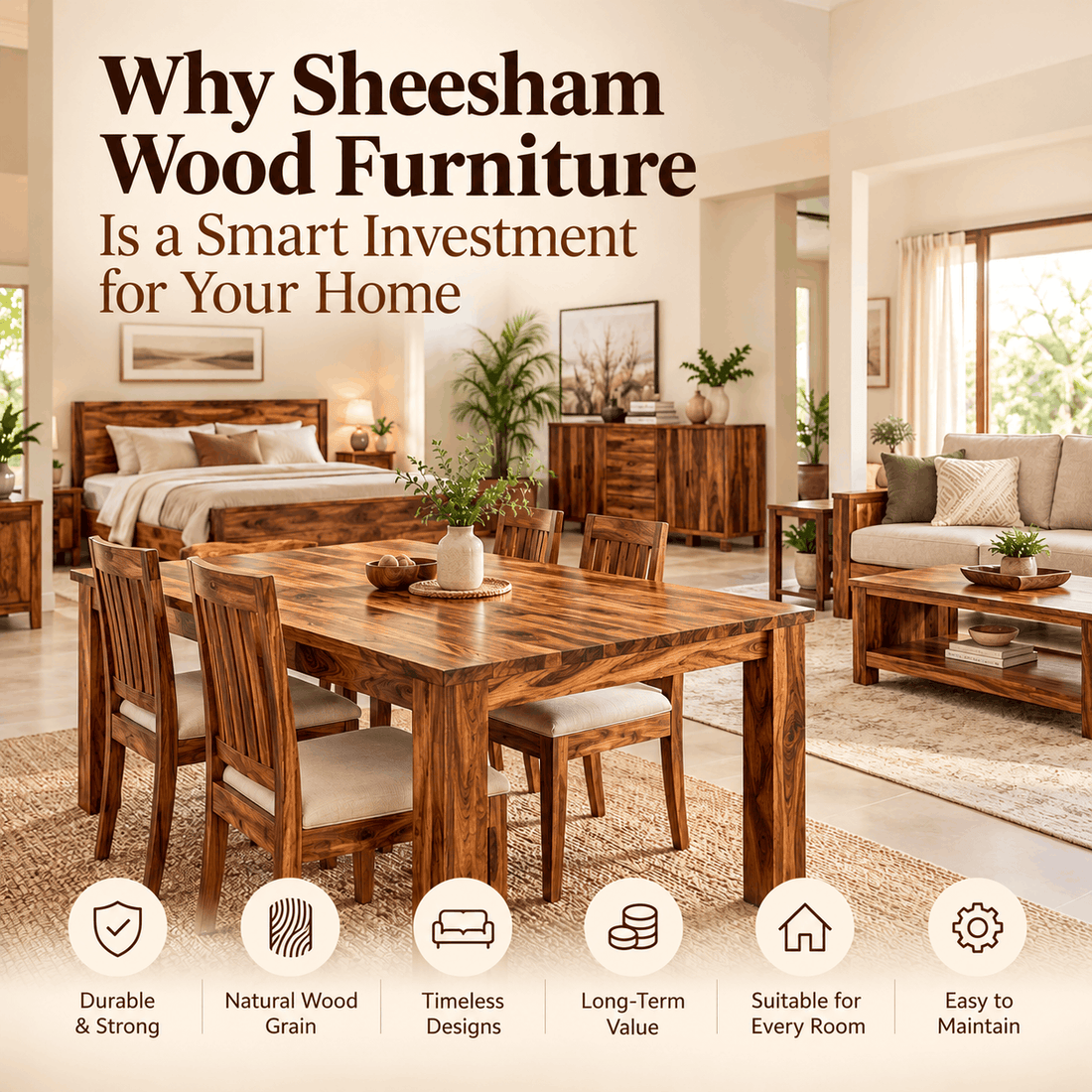Solid Sheesham wood furniture with natural wood grain in a modern home