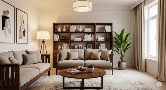 Ferrowoods solid wood sofa set and coffee table in modern living room with beige upholstery