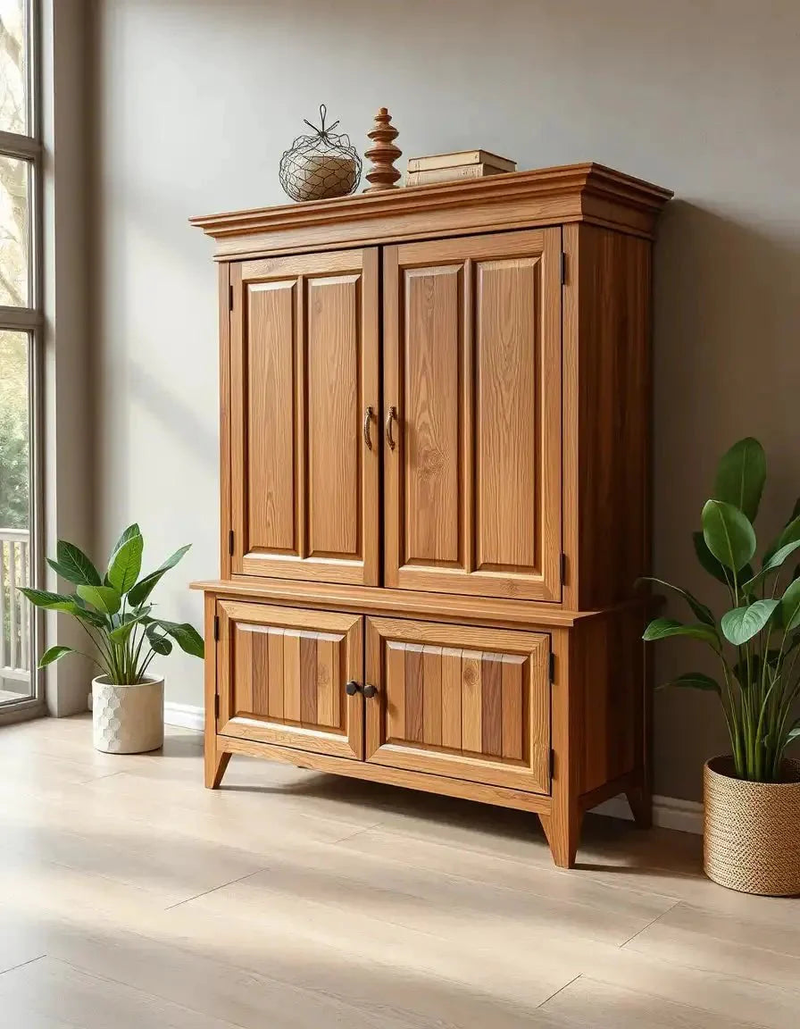 Solid wood minimalist wardrobe in natural finish, handcrafted by Ferrowoods, modern design