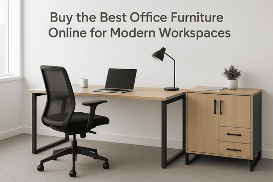 Ferrowoods modern solid wood office desk and cabinet set in natural finish with black accents