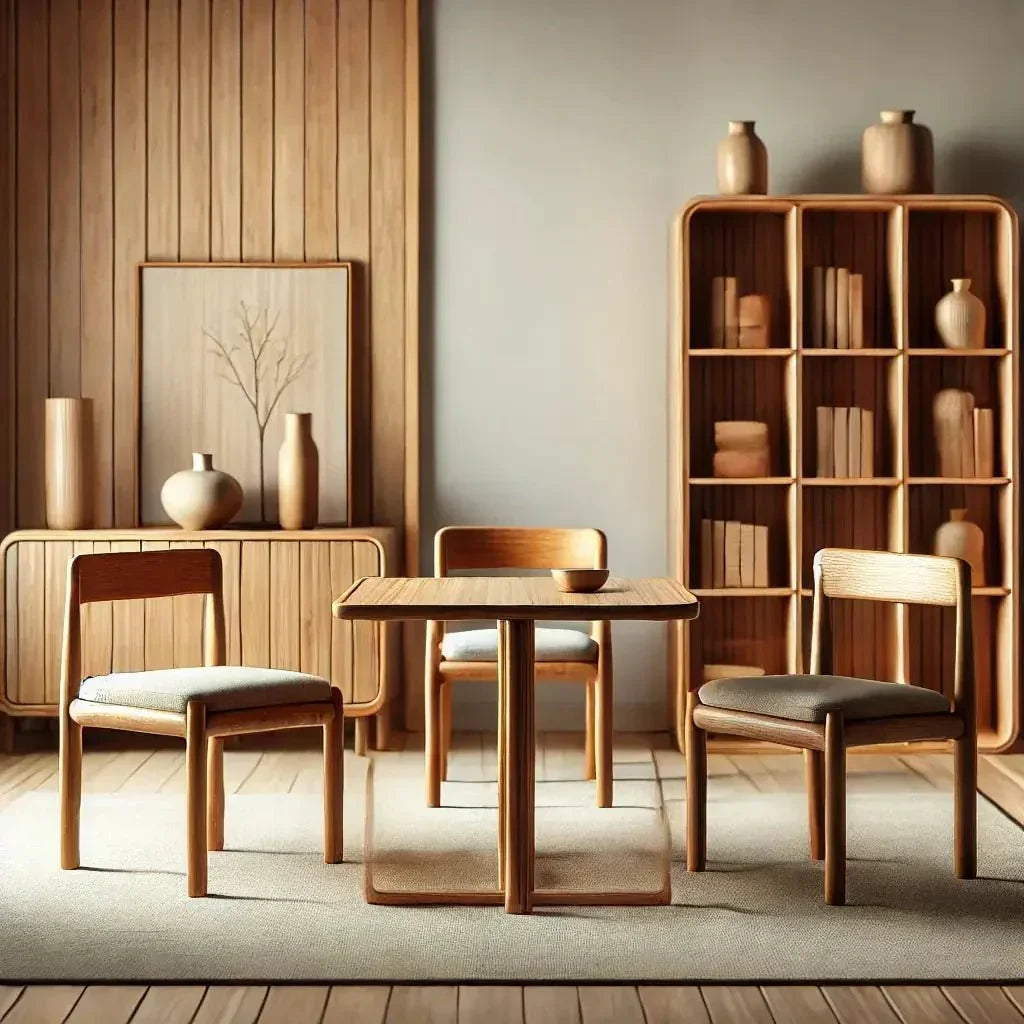 Ferrowoods solid wood dining set in light teak, modern minimalist style, with matching bookshelf