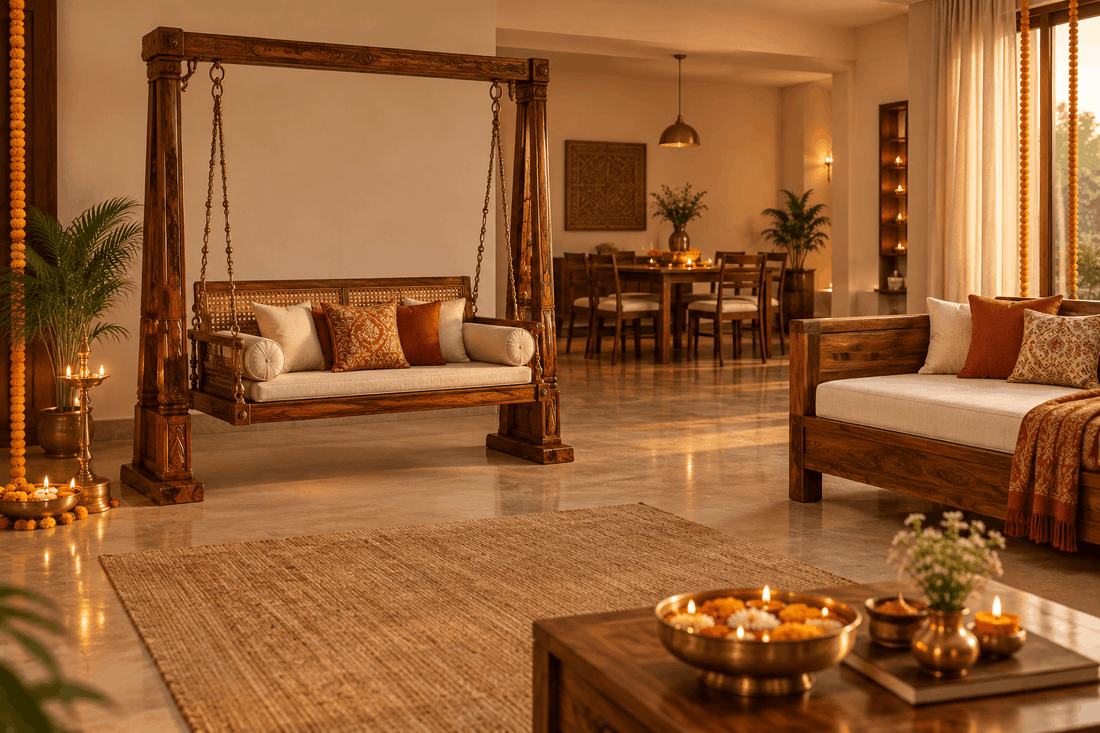  Festive Indian living room with Sheesham wood furniture and cane swing for Diwali 2026⠋