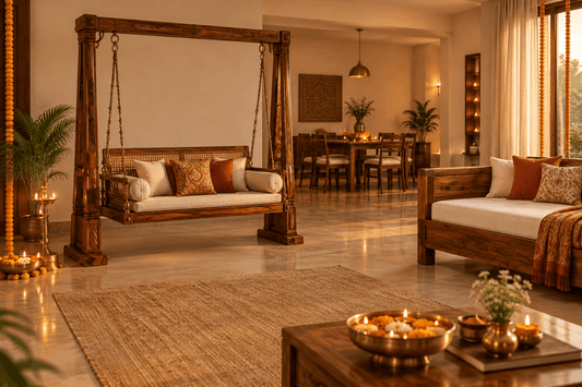  Festive Indian living room with Sheesham wood furniture and cane swing for Diwali 2026⠋
