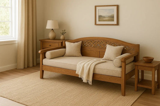Solid wood diwan with beige upholstery, carved backrest, and pillows by Ferrowoods in a modern room