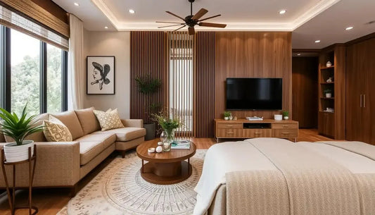 Modern sheesham wood bed, TV unit, and sofa set in a cozy living room by Ferrowoods.