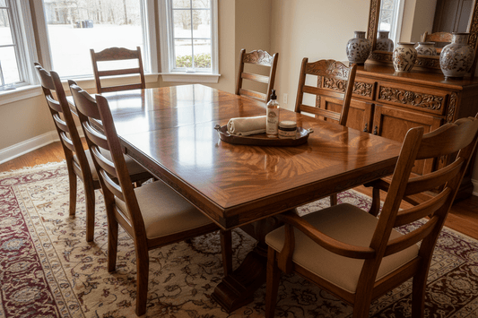 Ferrowoods solid wood dining table set in rich brown finish, classic style, in sunlit room