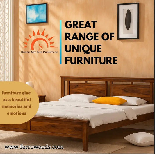 Solid wood bed in modern style with natural brown finish by Ferrowoods, bedroom setting.