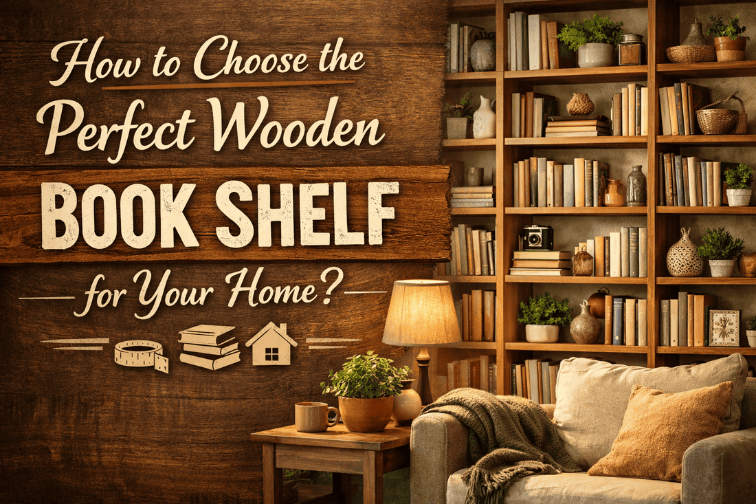 Solid wood bookshelf in natural brown finish, styled in cozy living room, by Ferrowoods