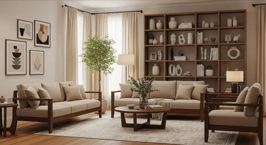 Modern living room with solid wood sofa set, beige cushions, teak coffee table, by Ferrowoods