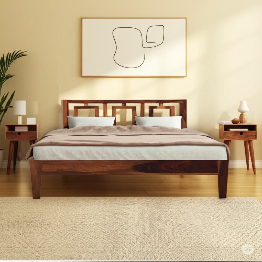 Solid sheesham wood bed with matching bedside tables, modern design, by Ferrowoods