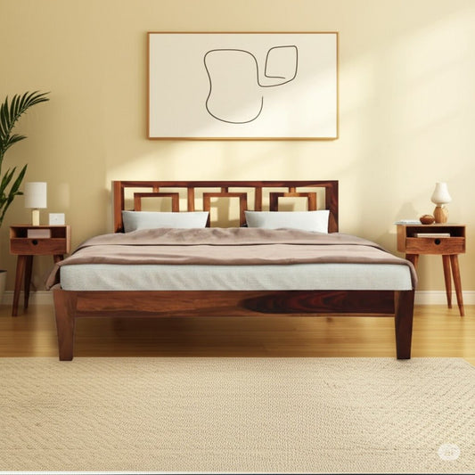 Solid sheesham wood bed with matching bedside tables, modern design, by Ferrowoods