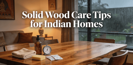 Solid wood dining table in natural finish with cleaning supplies, modern Indian home, Ferrowoods